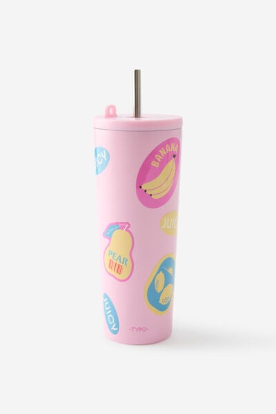 Hidden Straw Metal Smoothie Cup, FRUIT STICKER YARDAGE BLOSSOM PINK