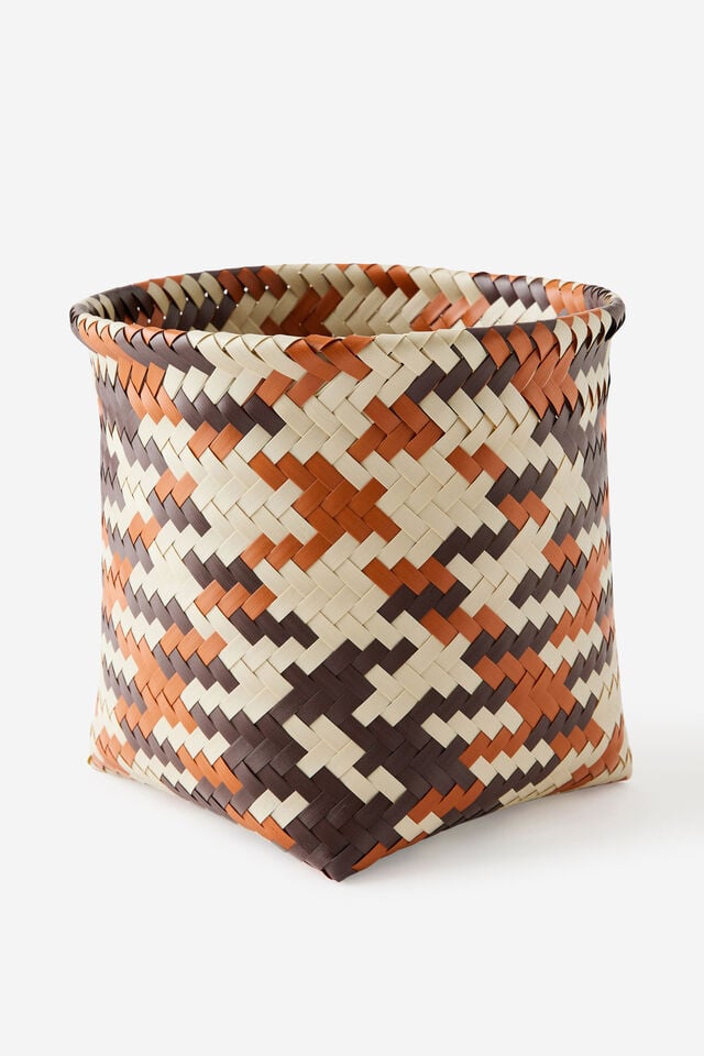 Woven Plastic Basket, BROWN/BLACK