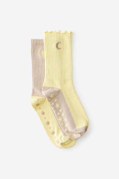 2 Pck Grip Socks, SUN & MOON YELLOW