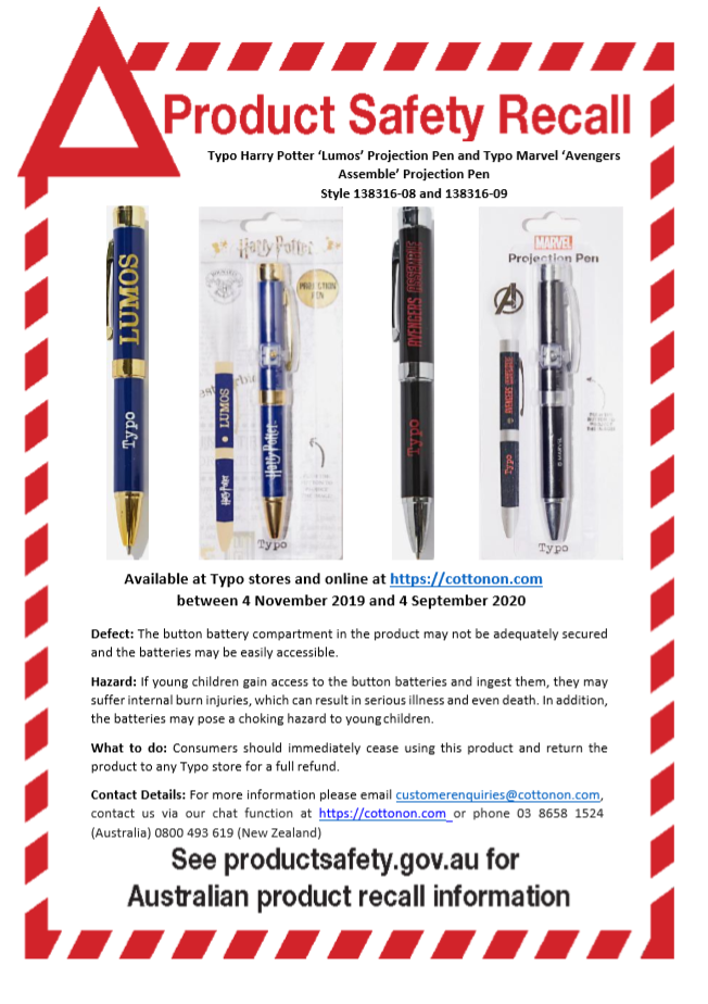 Typo Harry Potter & Marvel Projection Pen product recall